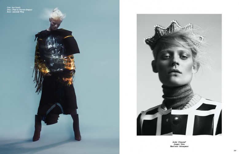 Coat / Just Cavalli Dress / Preen by Thornton Bregazzi Boots / Alexander Wang Opposite Jacket / DSquared² Jumpers / Edun Head band / Masterpeace